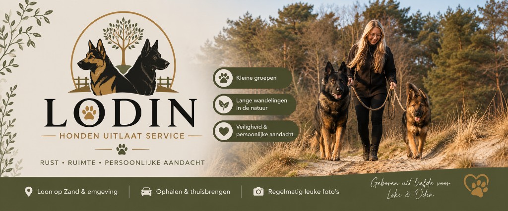 Lodin honden uitlaat service: twee Duitse herders wandelen met hun uitlaatster over een zandpad