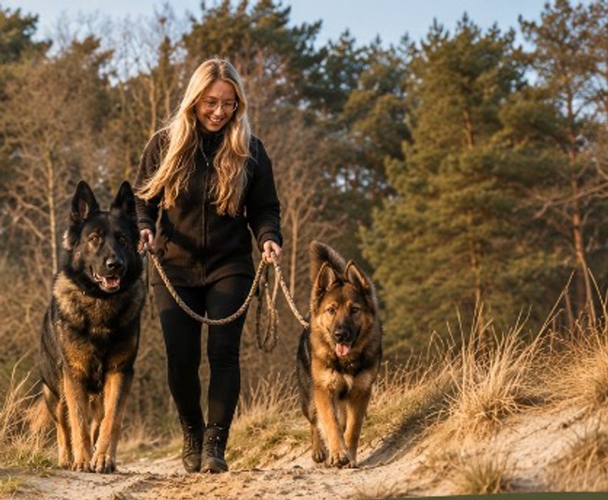 Twee Duitse herders wandelen met hun uitlaatster over een zandpad door het bos
